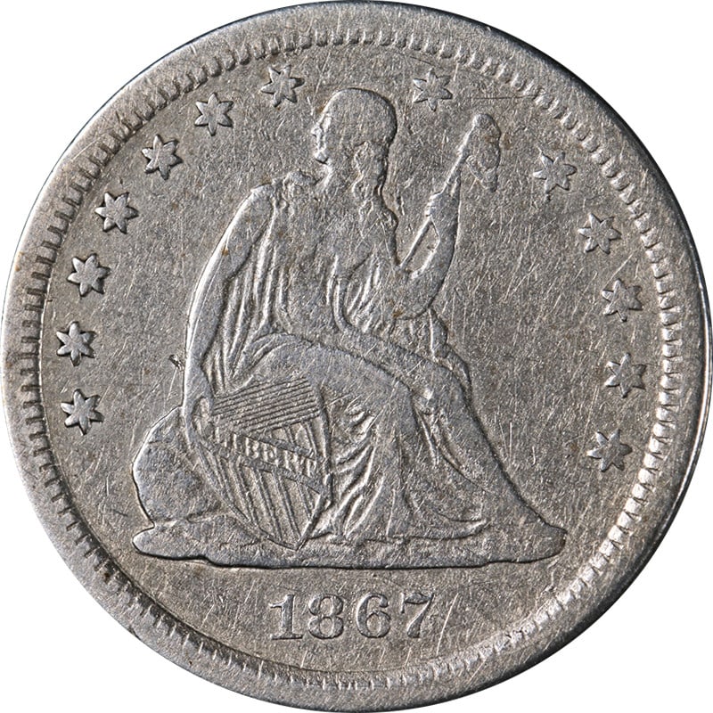 1867 S Silver Seated Liberty Quarter Key Date Choice VF Details: 1867 S Silver Seated Liberty Quarter Key Date Choice VF Details This 1867-S Seated Liberty Quarter is a circulated United States silver coin with nice eye appeal and a nice strike. It is described as 