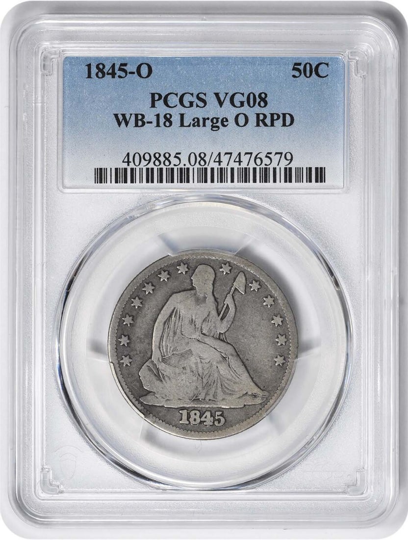 1845-O Liberty Seated Half Dollar 50C RPD FS-302 PCGS Certified: 1845-O Liberty Seated Half Dollar 50C RPD FS-302 PCGS Certified This 1845-O Liberty Seated Silver Half Dollar is a remarkable piece of numismatic history, showcasing the artistry of designer John Reic
