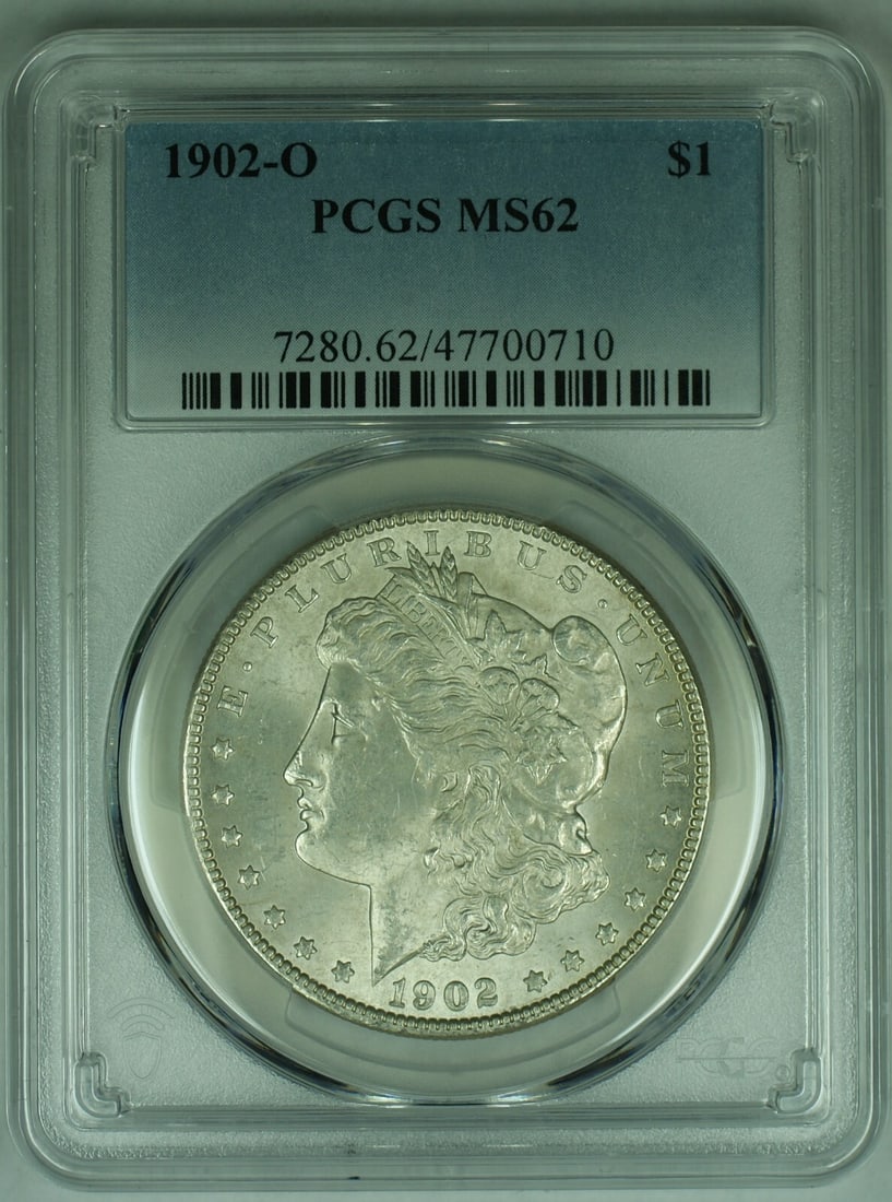 PCGS MS 62 1902-O Morgan Silver Dollar Coin Uncirculated: PCGS MS 62 1902-O Morgan Silver Dollar Coin Uncirculated This 1902-O Morgan Silver Dollar is graded MS 62 by PCGS, indicating it is in uncirculated condition. Minted in the United States, this pre-own
