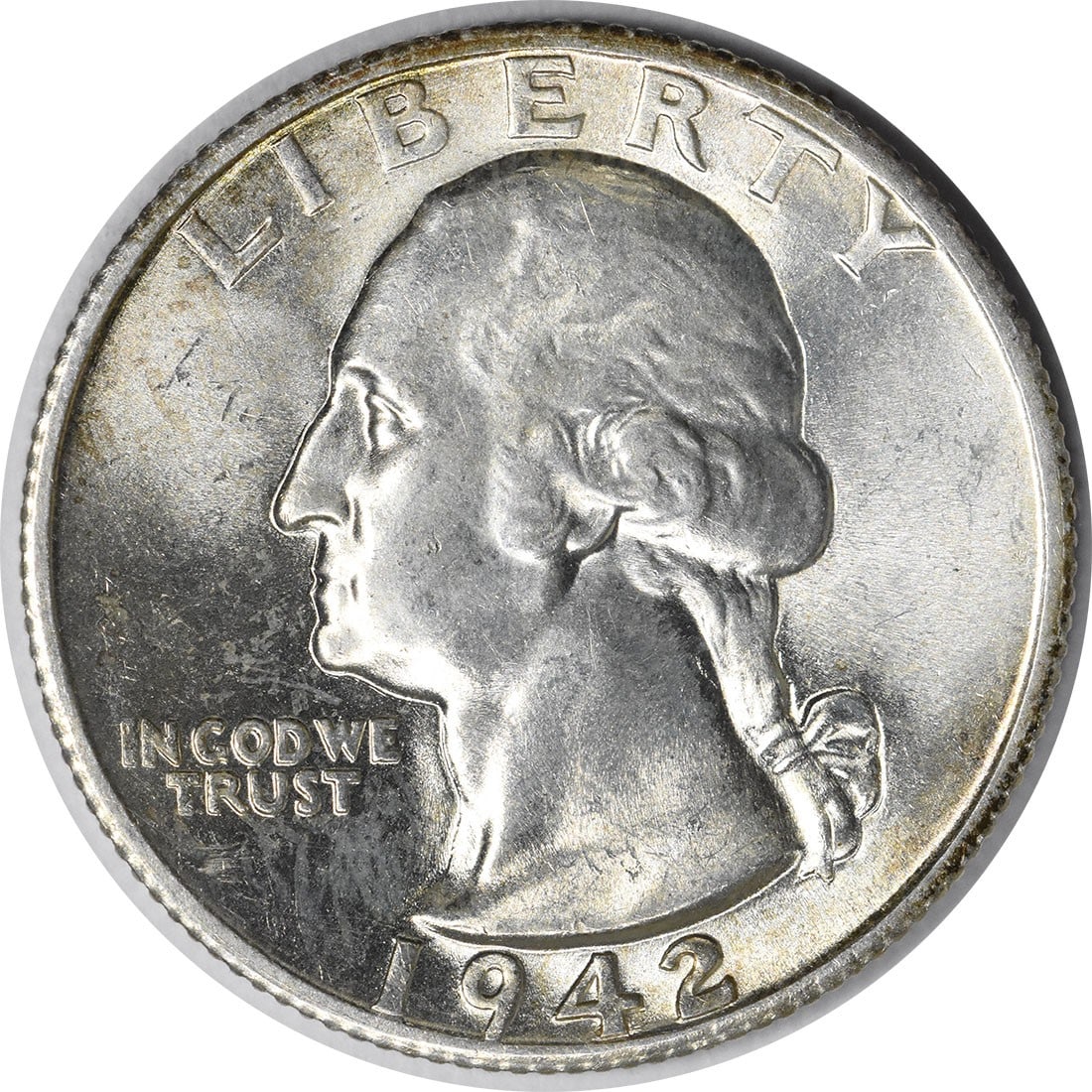 1942 S Washington 25C Silver Quarter Choice BU Plus Uncertified: 1942 S Washington 25C Silver Quarter Choice BU Plus Uncertified This 1942-S Washington Silver Quarter is an uncirculated coin graded as Choice BU+. Struck in silver, it features the classic profile of