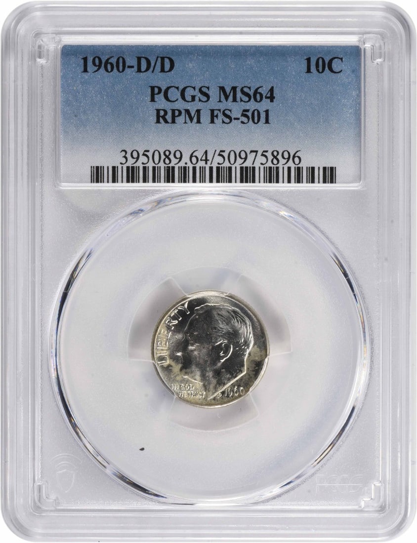 PCGS MS64 1960 D/D Roosevelt Silver Dime FS-501: PCGS MS64 1960 D/D Roosevelt Silver Dime FS-501 This is a 1960-D/D Roosevelt Silver Dime featuring the RPM FS-501 variety. Graded MS64 by PCGS, this uncirculated coin is composed of silver and was min