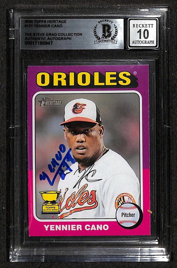 Yennier Cano Signed 2024 Topps Heritage Card Auto Grade 10 Beckett: Yennier Cano Signed 2024 Topps Heritage Card Auto Grade 10 Beckett This 2024 Topps Heritage baseball trading card features a stunning blue permanent marker signature by Orioles pitcher Yennier Cano. T