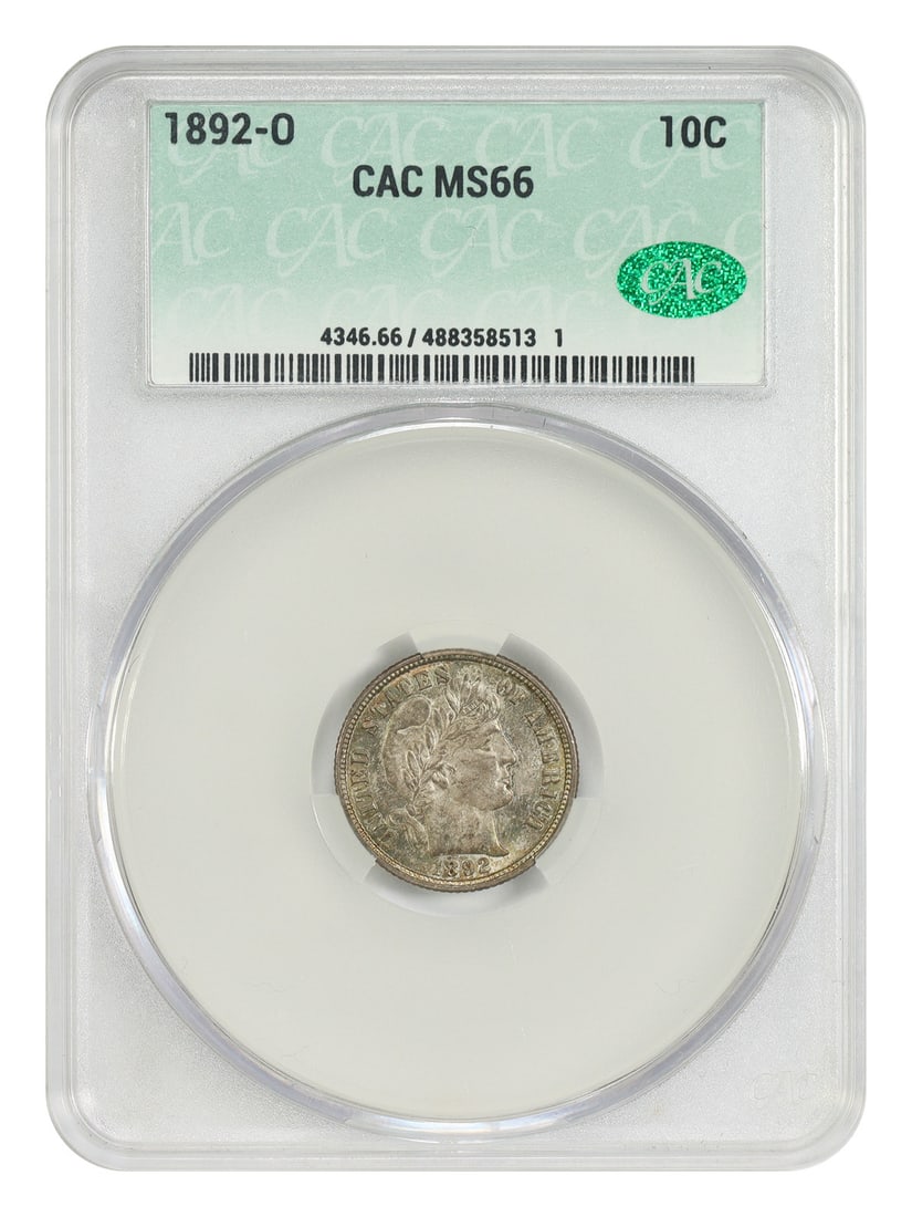 CACG MS66 1892-O Barber Dime 10C New Orleans Mint: CACG MS66 1892-O Barber Dime 10C New Orleans Mint This 1892-O Barber Dime is an uncirculated New Orleans issue certified by CACG and graded MS66. It features natural sea-green, orange, and grey tones 