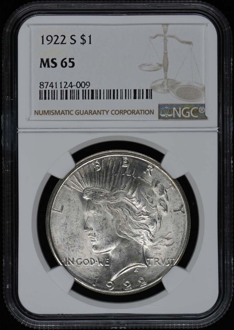 1922-S Peace Dollar NGC MS65 Uncirculated Coin: 1922-S Peace Dollar NGC MS65 Uncirculated Coin This 1922-S Peace Dollar is a remarkable piece of numismatic history, certified by NGC with a grade of MS65, indicating its uncirculated condition. Minte