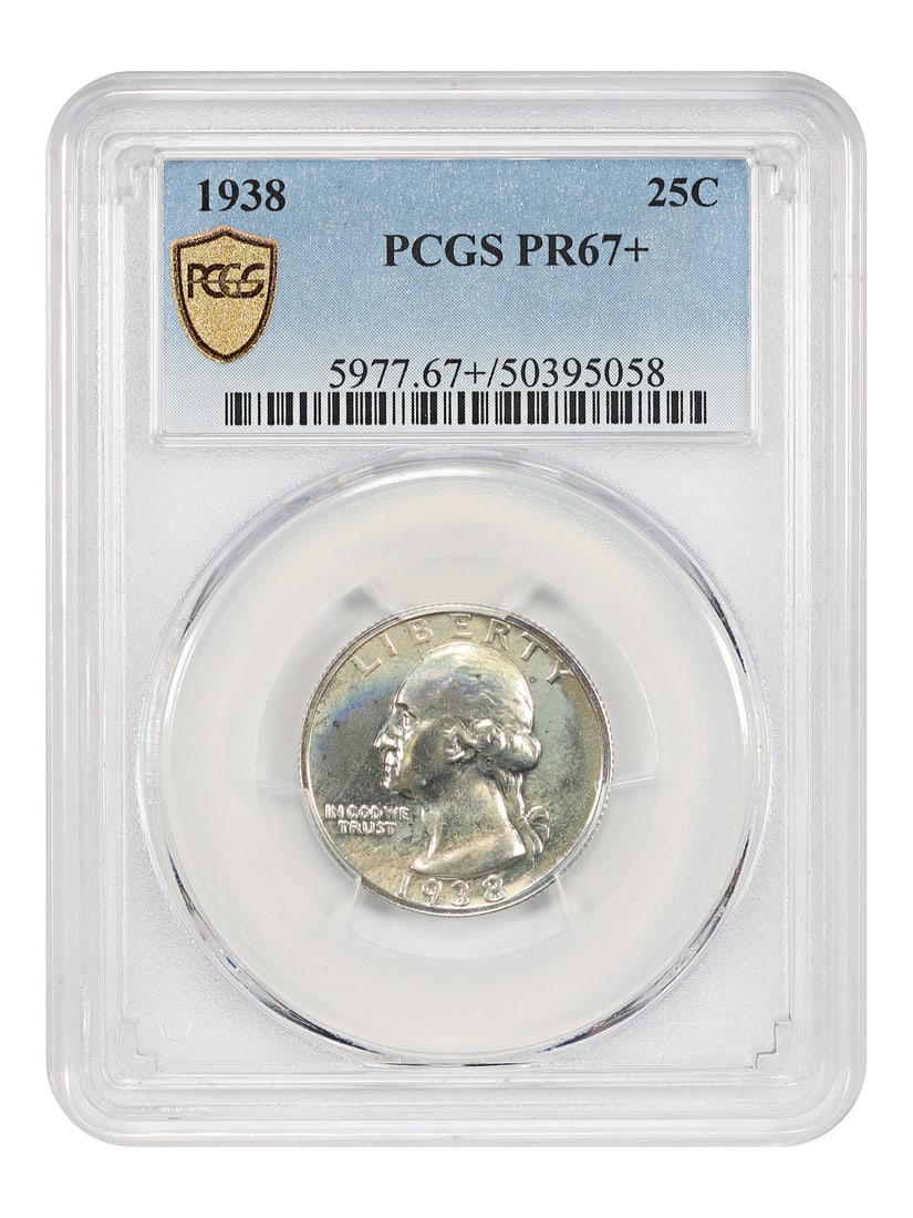 1938 Washington Quarter 25C PCGS PR67+ Proof: 1938 Washington Quarter 25C PCGS PR67+ Proof 1938 Washington Quarter, denomination 25C, graded PCGS PR67+. This uncirculated proof issue was struck at the Philadelphia Mint, with only 8,045 coins prod