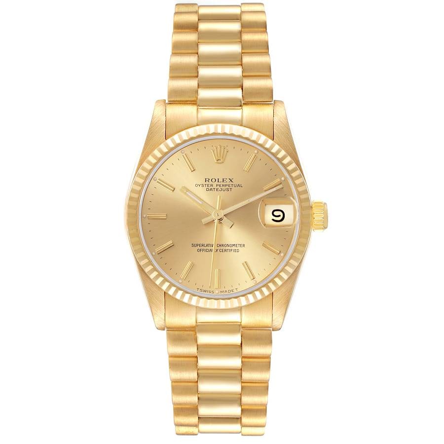 Rolex Ladies Datejust Ref 68278 Gold Dial Watch with Aftermarket President Bracelet: Rolex Ladies Datejust Ref 68278 Gold Dial Watch with Aftermarket President Bracelet This is a ladies' Rolex Datejust watch featuring a gold dial, fluted bezel, and President bracelet. The watch has a 