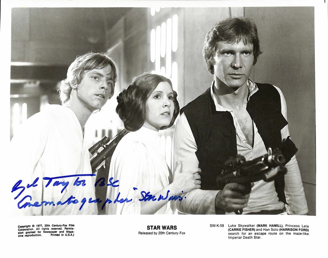 Gil Taylor Autographed 8x10 Star Wars Photo Beckett Authenticated: Gil Taylor Autographed 8x10 Star Wars Photo Beckett Authenticated This is an original 8x10 photograph autographed by Gil Taylor, the cinematographer for the original Star Wars film. The signature is d