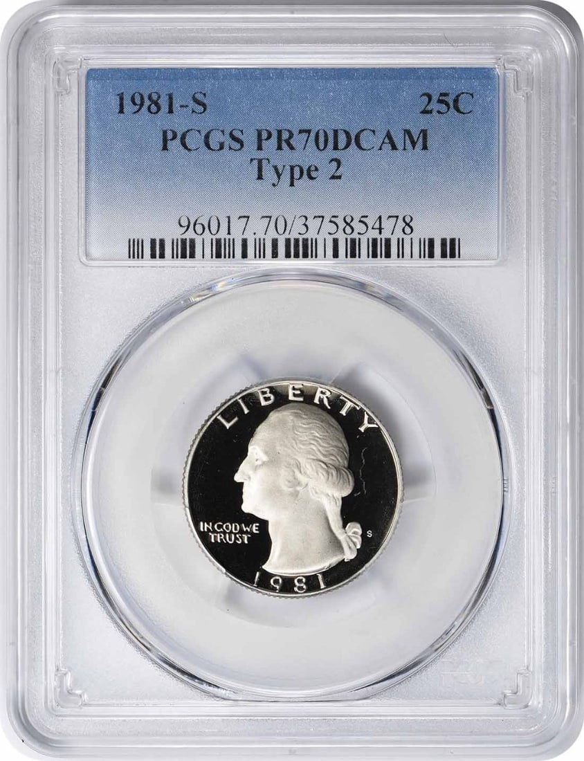1981-S Washington Quarter Type 2 PR70DCAM Certified PCGS: 1981-S Washington Quarter Type 2 PR70DCAM Certified PCGS This 1981-S Washington Quarter is a stunning example of numismatic excellence, graded PR70DCAM by PCGS, showcasing its impeccable proof strike 