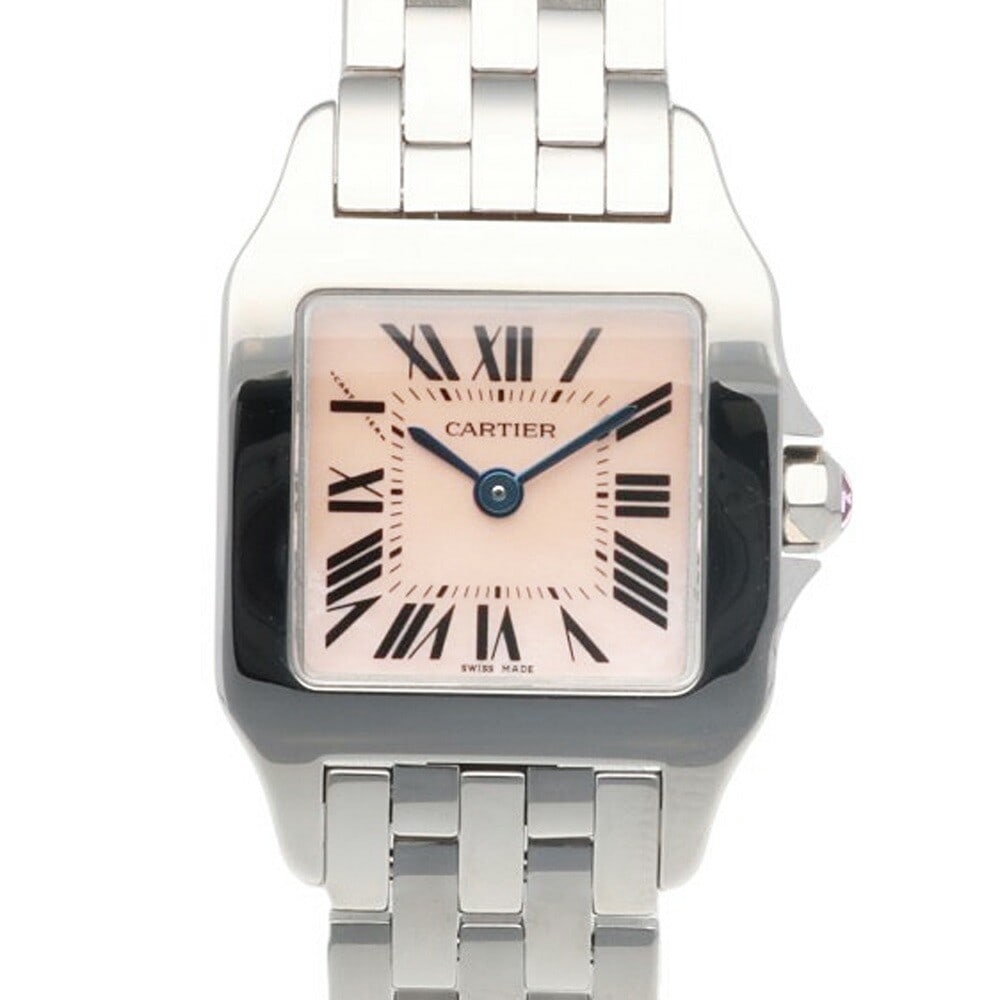 Cartier Santos Demoiselle Pink Shell Quartz Ladies Watch: Cartier Santos Demoiselle Pink Shell Quartz Ladies Watch This Cartier Santos Demoiselle Small Model ladies wristwatch features a pink shell dial and a stainless steel case. Powered by a quartz movemen