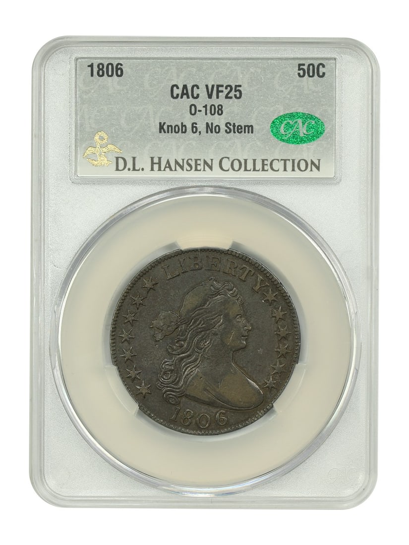 1806 Draped Bust Half Dollar 50C CACG VF25 O-108 ex D.L. Hansen: 1806 Draped Bust Half Dollar 50C CACG VF25 O-108 ex D.L. Hansen This 1806 Draped Bust Half Dollar is certified by CACG and graded VF25. It is the O-108 variety, identified as the knob 6, no stem rever