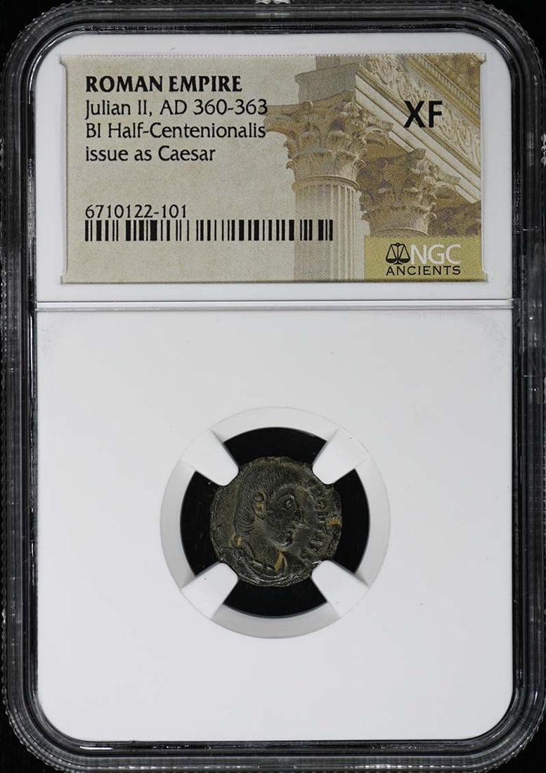 Roman Empire Julian II Half-Centenionalis NGC XF Certified Coin: Roman Empire Julian II Half-Centenionalis NGC XF Certified Coin This is a Julian II Roman Empire BI Half-Centenionalis coin dating from AD 360-363. The coin is certified by NGC with a grade of XF (Ext