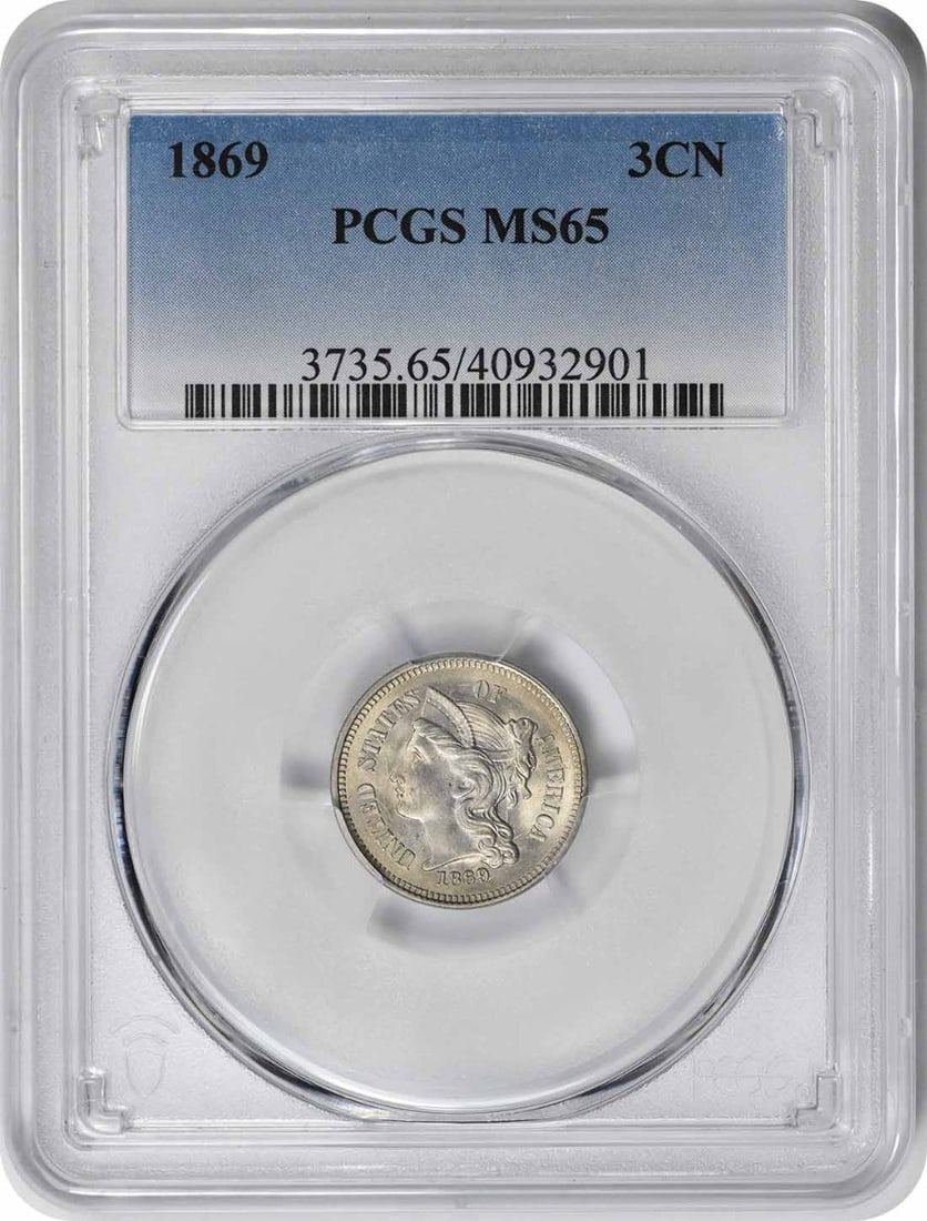 1869 Three Cent Nickel MS65 PCGS Uncirculated Philadelphia Coin: 1869 Three Cent Nickel MS65 PCGS Uncirculated Philadelphia Coin This 1869 Three Cent Nickel is a remarkable piece of numismatic history, graded MS65 by PCGS, indicating its uncirculated condition. Str