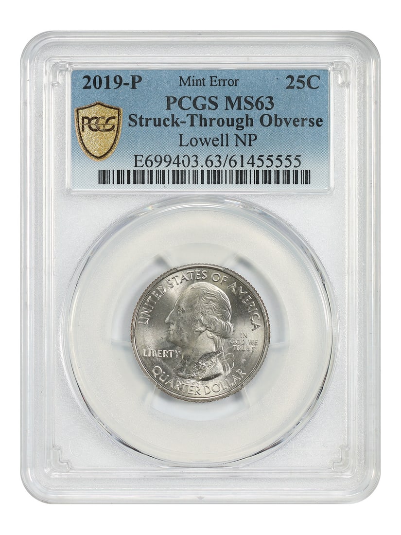 PCGS MS63 2019 P Lowell NP Quarter Obverse Struck Thru Clad Type 1 (1 of 4)