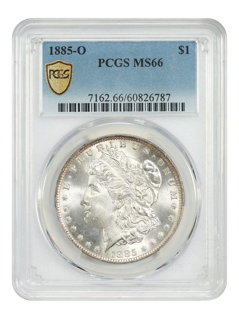 PCGS MS66 1885 O Morgan Dollar $1 New Orleans Mint: PCGS MS66 1885 O Morgan Dollar $1 New Orleans Mint An 1885-O Morgan Dollar graded PCGS MS66. This uncirculated $1 coin was minted in New Orleans and is part of the Morgan Dollar series. The original d