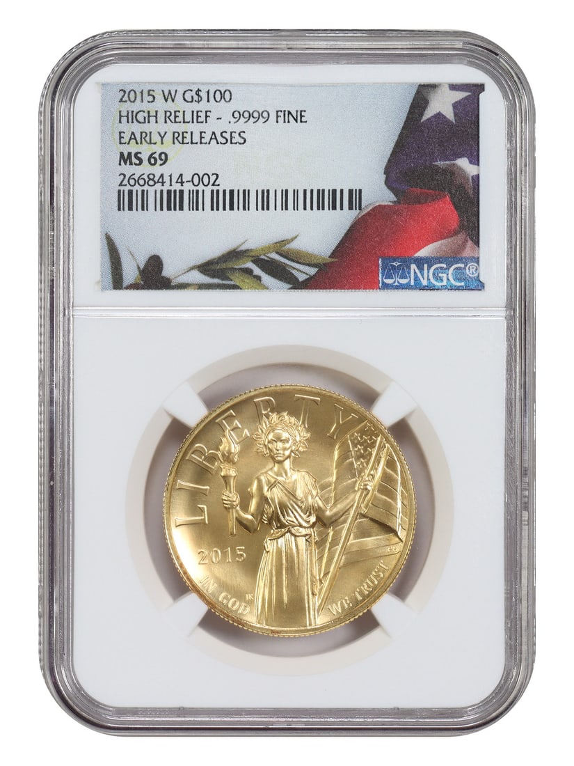 NGC MS69 Early Releases 2015-W American Liberty Gold $100 Coin: NGC MS69 Early Releases 2015-W American Liberty Gold $100 Coin 2015-W $100 American Liberty High Relief coin certified by NGC and graded MS69 with Early Releases designation. This uncirculated West Po
