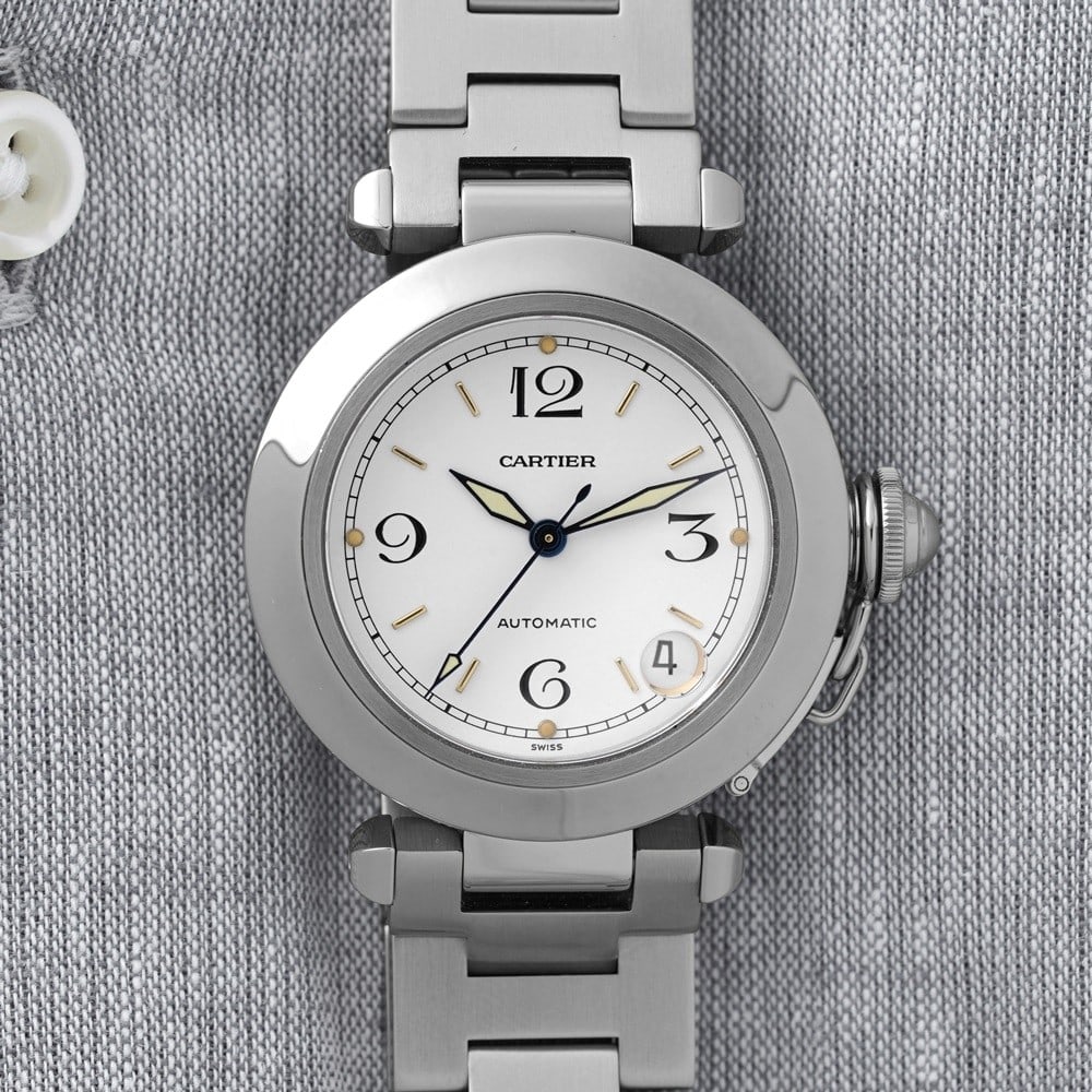 Cartier Pasha C 2324 Stainless Steel Automatic Mens Wristwatch White Dial: Cartier Pasha C 2324 Stainless Steel Automatic Mens Wristwatch White Dial This Cartier Pasha C 2324 is a men's automatic wristwatch featuring a white dial and stainless steel construction. Manufacture