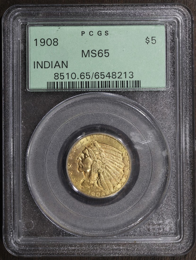 PCGS OGH 1908 Indian Head $5 Gold Half Eagle MS65 (1 of 4)