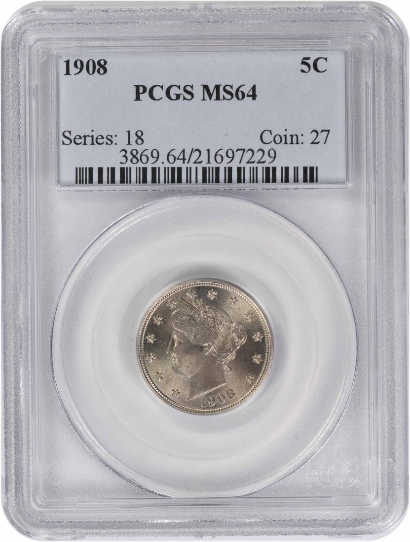 PCGS MS64 1908 Liberty Five Cent Uncirculated Coin (1 of 2)