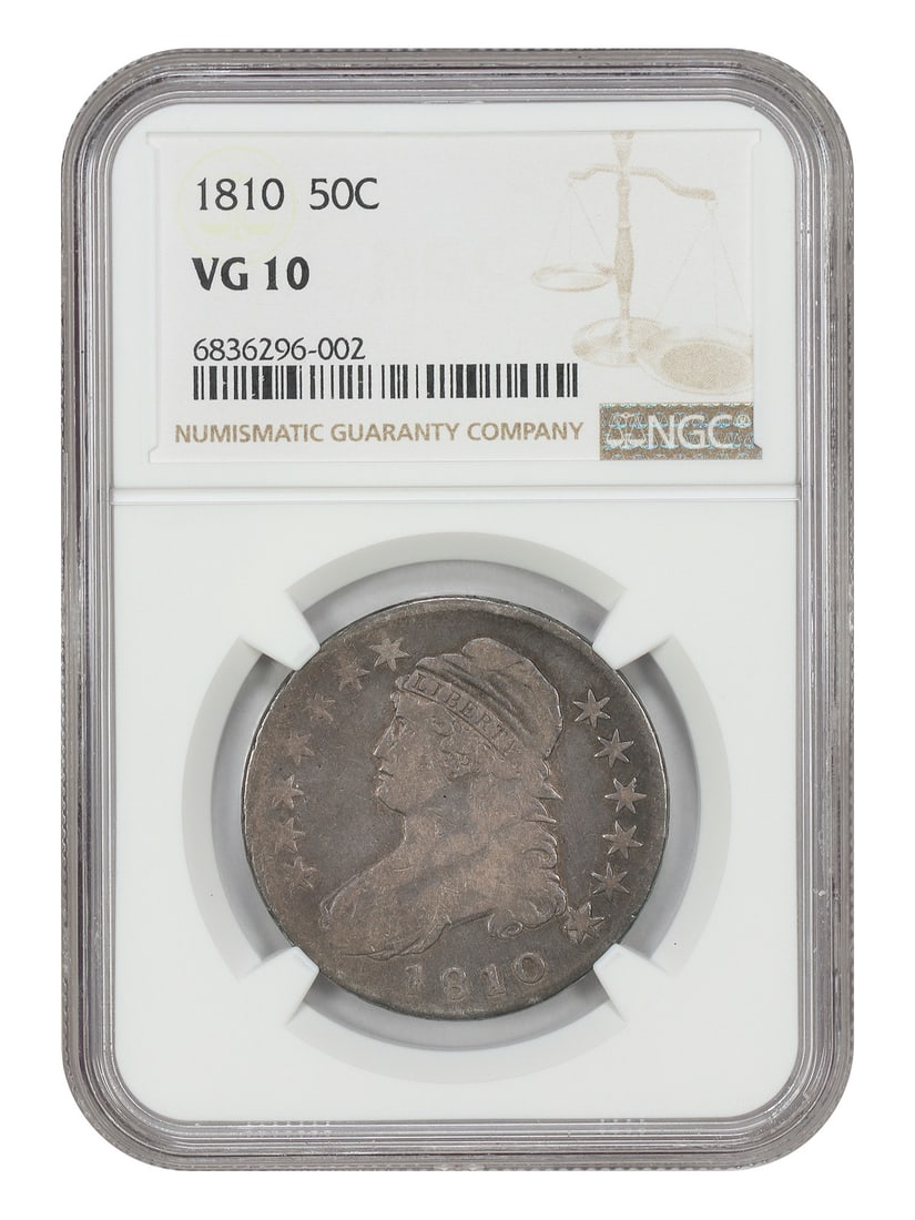 NGC VG10 1810 50C Capped Bust Half Dollar: NGC VG10 1810 50C Capped Bust Half Dollar An 1810 Capped Bust Half Dollar certified by NGC and graded VG10. This circulated 50C coin was struck in Philadelphia and is identified as part of the Capped 