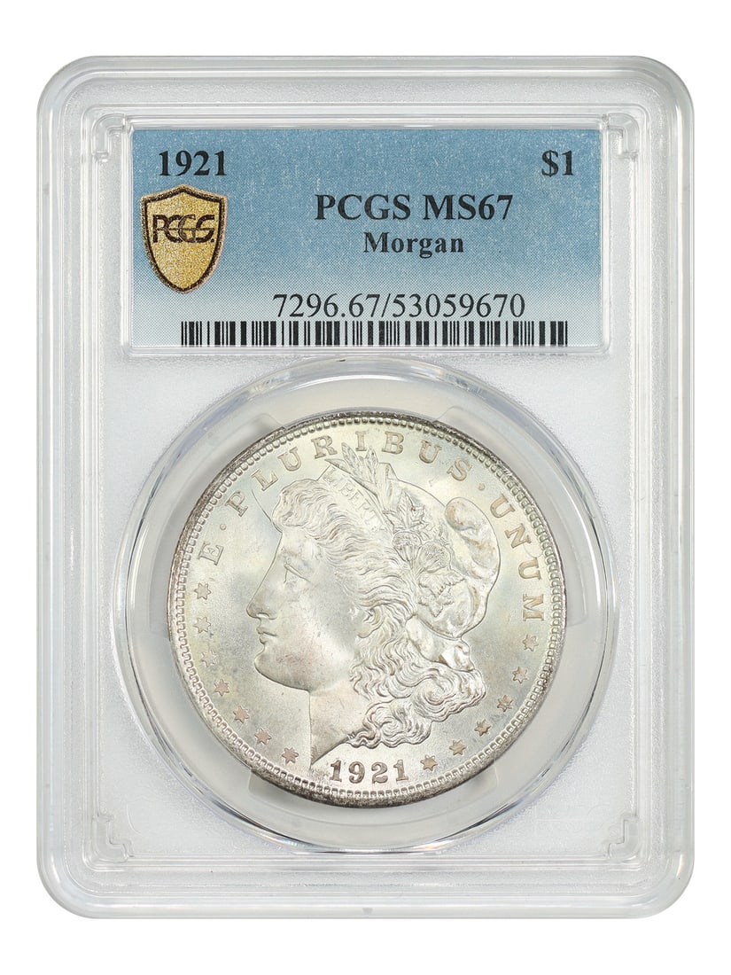 PCGS MS67 1921 Morgan Dollar $1 Philadelphia Issue: PCGS MS67 1921 Morgan Dollar $1 Philadelphia Issue This 1921 $1 Morgan Dollar is certified by PCGS and graded MS67. It is the final Philadelphia Mint issued Morgan Dollar as the U.S. Mint transitioned