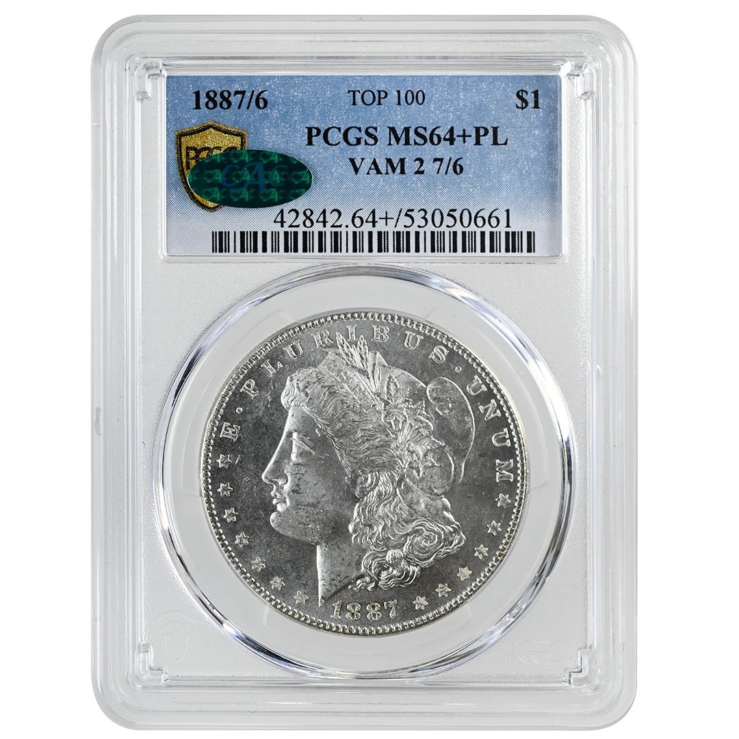 PCGS CAC 1887 Morgan Silver Dollar VAM 2 7 6 MS64 PL: PCGS CAC 1887 Morgan Silver Dollar VAM 2 7 6 MS64 PL This 1887/6 Morgan Dollar is a rare coin featuring the VAM 2 7/6 variety. Graded MS64+PL by PCGS and CAC, it is an uncirculated, proof-like silver 