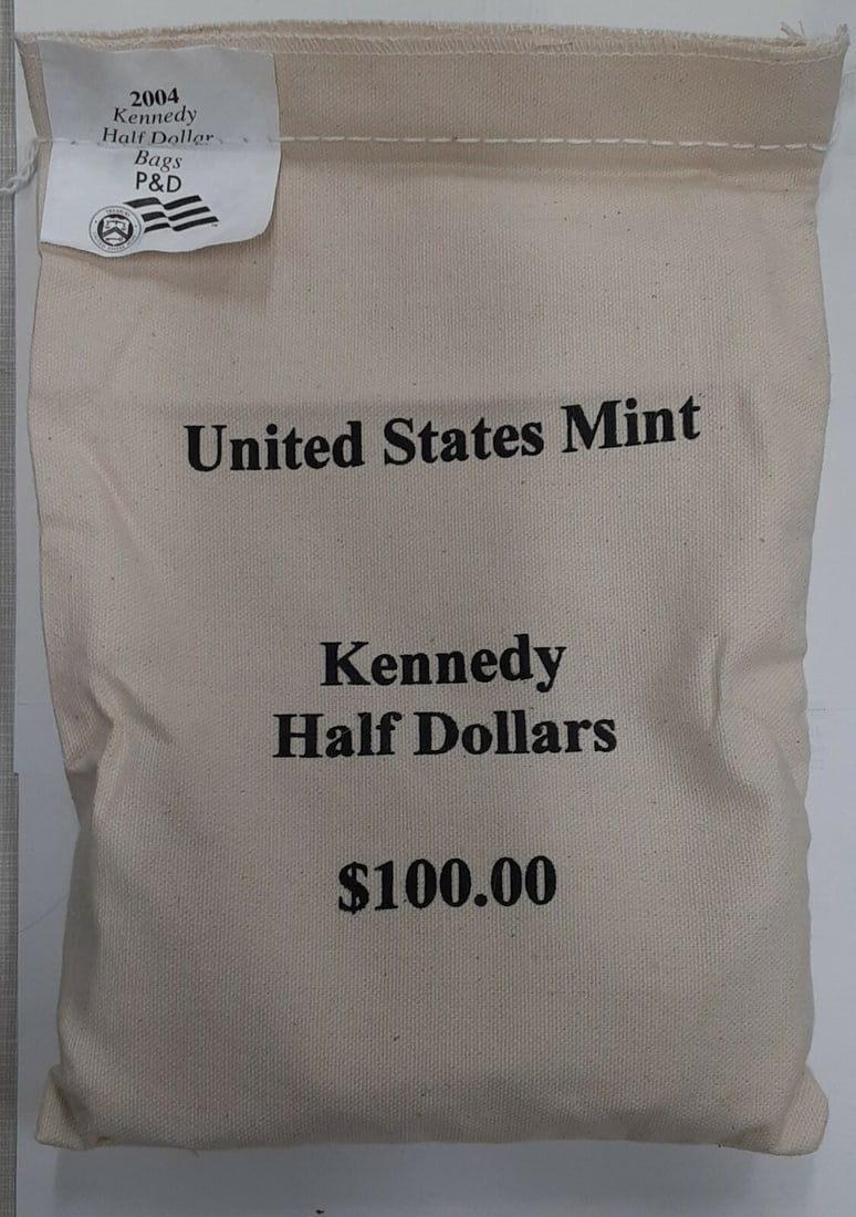 2004 Kennedy Half Dollar Sealed Mint Bag with 200 Uncirculated P and D Coins: 2004 Kennedy Half Dollar Sealed Mint Bag with 200 Uncirculated P and D Coins This is a sealed mint bag containing 200 uncirculated 2004 Kennedy Half Dollar coins, with a combined face value of $100. T