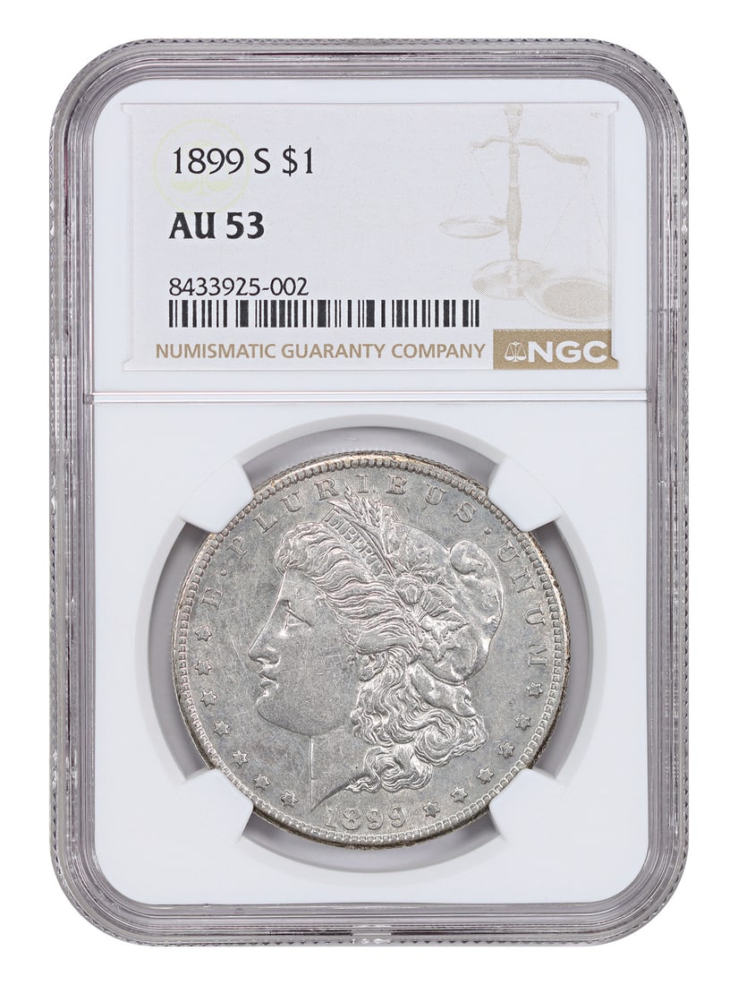 NGC AU53 1899-S Morgan Dollar $1 San Francisco Mint: NGC AU53 1899-S Morgan Dollar $1 San Francisco Mint 1899-S Morgan Dollar $1 certified by NGC with a grade of AU53. This circulated San Francisco Mint issue is noted as a tough S-mint coin that is diff
