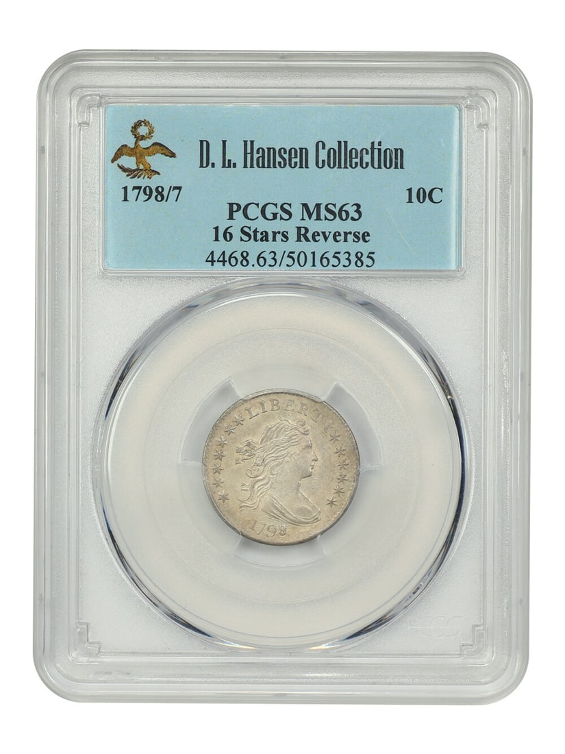 PCGS MS63 1798/7 Draped Bust Dime 10C 16 Stars Reverse: PCGS MS63 1798/7 Draped Bust Dime 10C 16 Stars Reverse This 1798/7 Draped Bust Dime is graded PCGS MS63 and features the 16 Stars Reverse. The overdate is bold, and the coin presents light silver surf