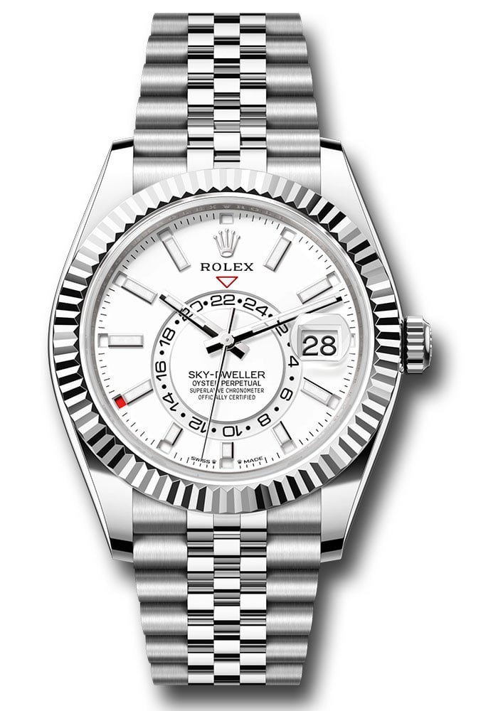 Rolex SkyDweller 336934 Mens White Index Dial Jubilee Fluted Bezel Card 2026: Rolex SkyDweller 336934 Mens White Index Dial Jubilee Fluted Bezel Card 2026 This Rolex SkyDweller features a white index dial and a fluted bezel, complemented by a Jubilee bracelet. The watch is desi