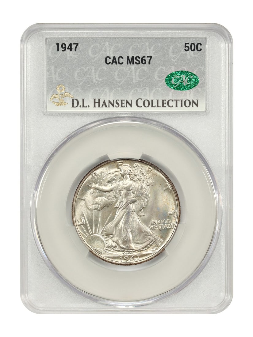 CACG MS67 1947 Walking Liberty Half Dollar ex D.L. Hansen: CACG MS67 1947 Walking Liberty Half Dollar ex D.L. Hansen 1947 Walking Liberty Half Dollar, graded MS67 by CACG and certified with certification number 712503544. This uncirculated 50C coin from the P