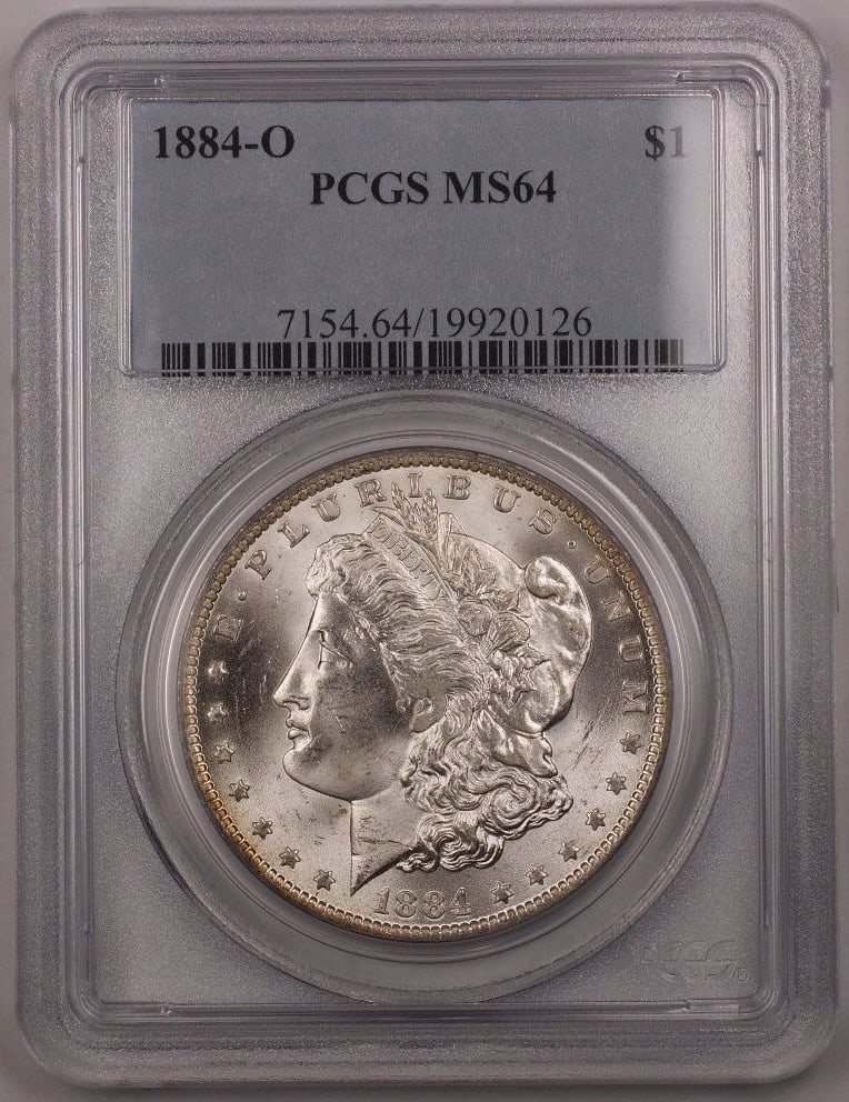 1884-O Morgan Dollar Silver $1 PCGS MS64 New Orleans Light Rim Toning: 1884-O Morgan Dollar Silver $1 PCGS MS64 New Orleans Light Rim Toning This 1884-O Morgan Silver Dollar coin from the United States is composed of silver and was minted in New Orleans. Certified by PCG