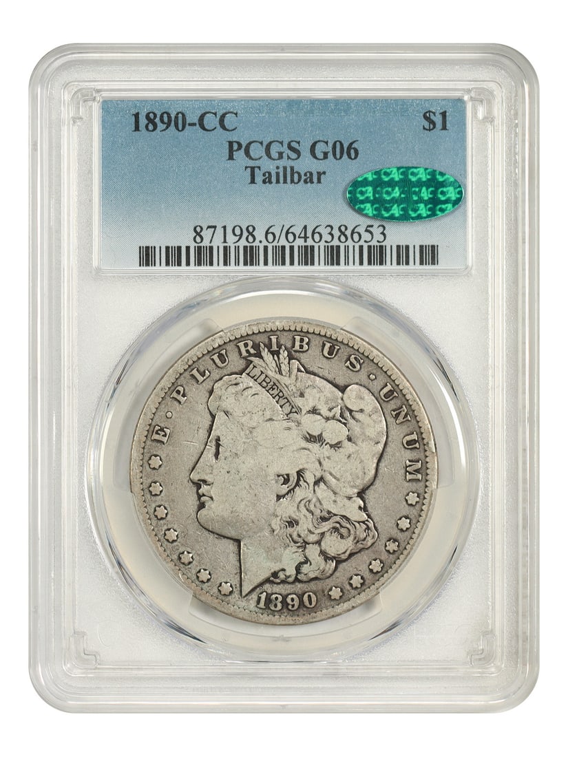 1890 Carson City Morgan Dollar Tailbar Variety PCGS Good 06: 1890 Carson City Morgan Dollar Tailbar Variety PCGS Good 06 1890-CC Morgan Dollar, Tailbar variety, certified by PCGS with CAC approval. This circulated Carson City dollar is identified as Good 06 and