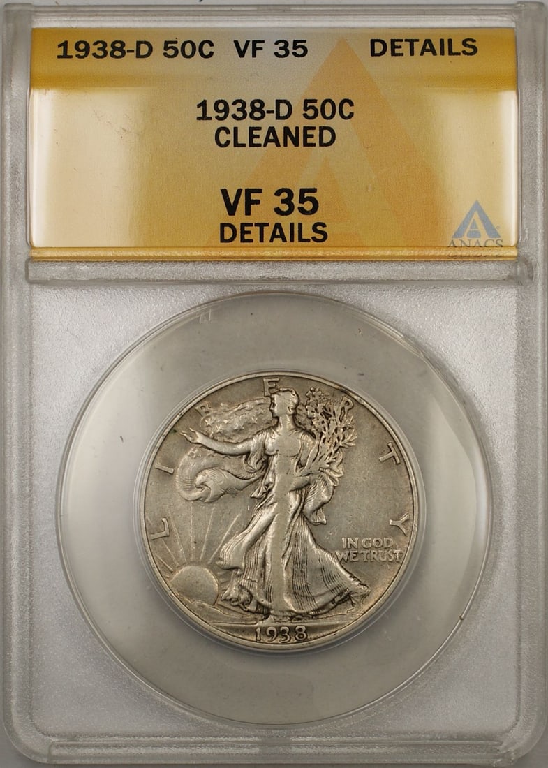 ANACS VF 35 1938-D Walking Liberty Half Dollar Silver Coin: ANACS VF 35 1938-D Walking Liberty Half Dollar Silver Coin This 1938-D Walking Liberty Half Dollar is a silver coin from the United States, minted in Denver. It has been graded VF 35 (Very Fine) by AN