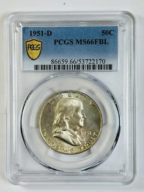 1951 Denver Franklin half dollar PCGS MS-66 FBL silver: 1951 Denver Franklin half dollar PCGS MS-66 FBL silver This 1951 Franklin Half Dollar was minted in Denver and is certified by PCGS with a grade of MS-66 FBL. Composed of silver, this coin is a pre-ow