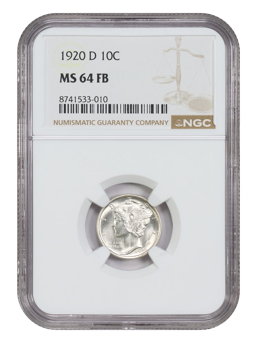 NGC MS64FB 1920-D Mercury Dime 10C Uncirculated: NGC MS64FB 1920-D Mercury Dime 10C Uncirculated An uncirculated 1920-D Mercury Dime certified by NGC and graded MS64FB. Minted in Denver, this 10C coin is part of the Mercury Dime series and is descri