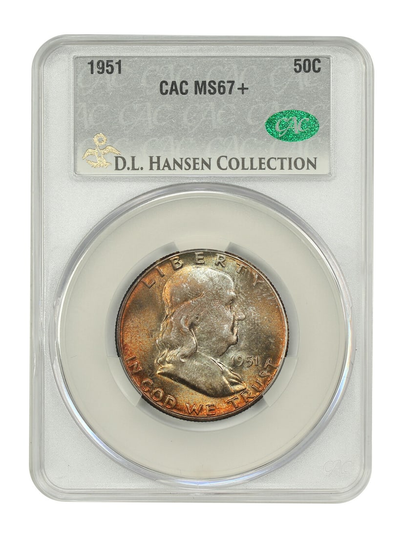 CACG MS67+ 1951 Franklin Half Dollar 50C ex D.L. Hansen: CACG MS67+ 1951 Franklin Half Dollar 50C ex D.L. Hansen 1951 Franklin Half Dollar 50C graded MS67+ by CACG, with certification number 813113620. This uncirculated Philadelphia issue is described as sh