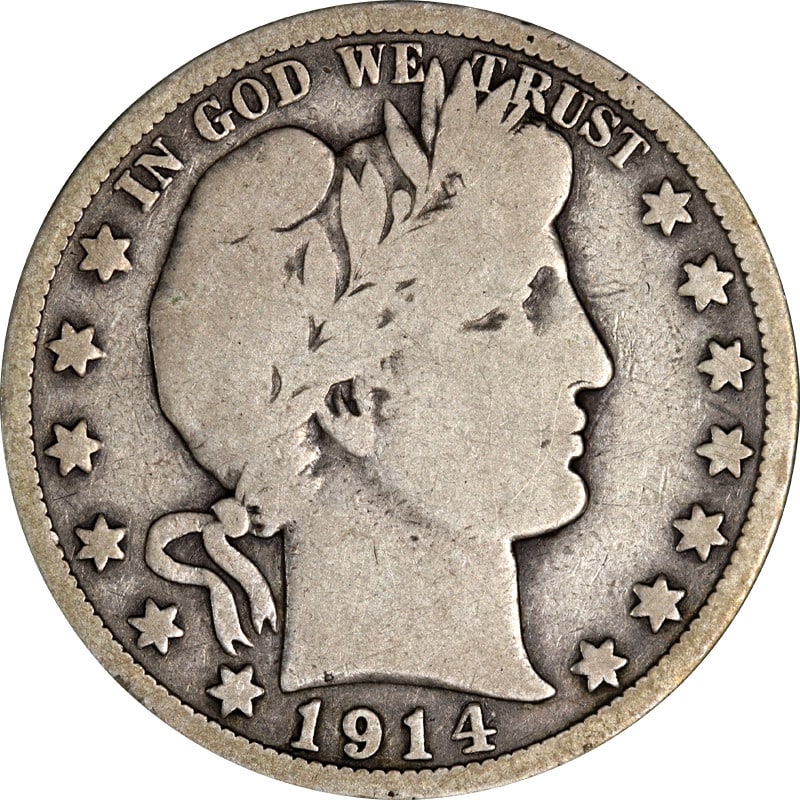 Barber silver half dollar 1914 P: Barber silver half dollar 1914 P This is a 1914-P Barber Half Dollar from the United States. The coin is composed of silver with a fineness of 0.9 and is in circulated, pre-owned condition. It is unce