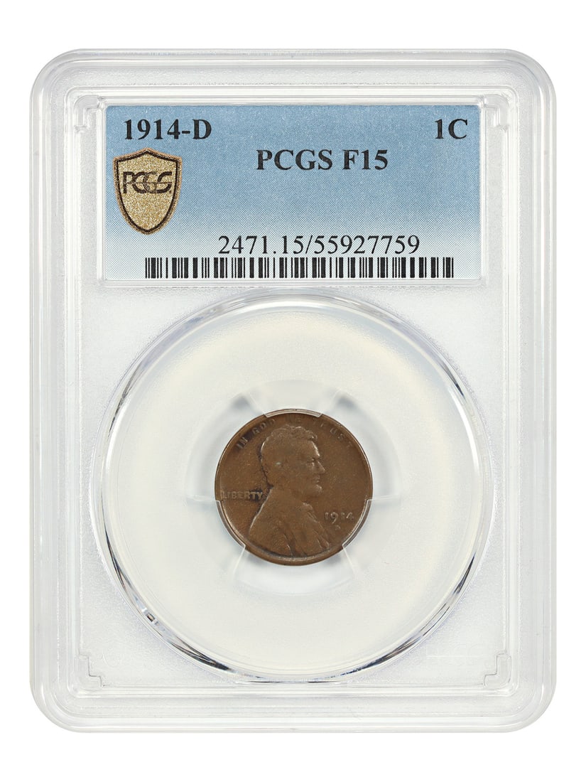 PCGS Fine 15 1914-D Lincoln Wheat Cent 1C BN: PCGS Fine 15 1914-D Lincoln Wheat Cent 1C BN A 1914-D Lincoln Cent (Wheat Reverse) certified by PCGS and graded Fine 15. The coin is a circulated 1C issue from Denver with BN color and pre-owned condi