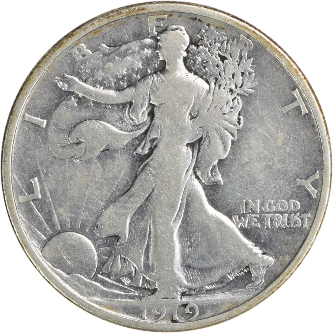 1919-D Walking Liberty Half Dollar 50C Fine Silver Coin: 1919-D Walking Liberty Half Dollar 50C Fine Silver Coin This 1919-D Walking Liberty Silver Half Dollar is a classic piece of American numismatics. Struck in Denver, this coin features the iconic desig