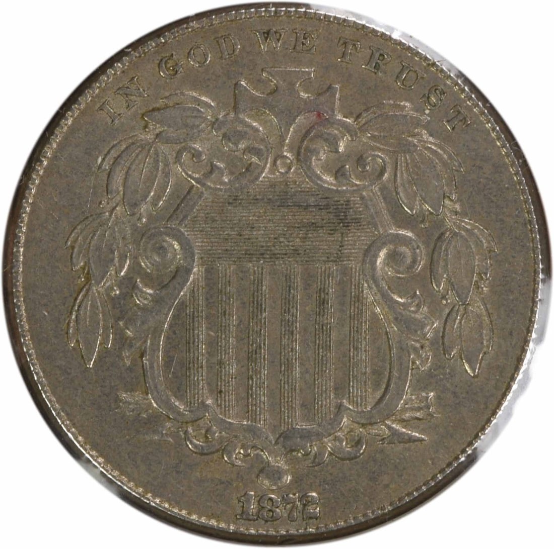 1872 Shield Nickel RPD FS-305 AU Uncertified Philadelphia Mint: 1872 Shield Nickel RPD FS-305 AU Uncertified Philadelphia Mint This is an 1872 Shield Nickel, an iconic piece of American numismatics. Minted in Philadelphia, this coin features a design by James Bart