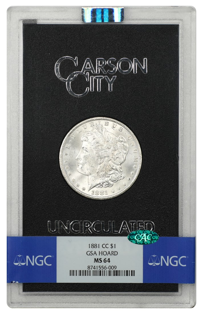 1881 Carson City Morgan Dollar $1 NGC MS64 CAC GSA Case: 1881 Carson City Morgan Dollar $1 NGC MS64 CAC GSA Case 1881-CC Morgan Dollar graded MS64 by NGC and certified by CAC. This CC-mint dollar is housed in the original hard case and is presented as an ev