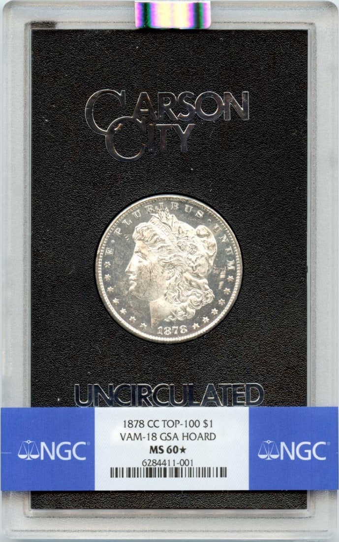NGC MS60 GSA Hoard 1878-CC Morgan Silver Dollar VAM-18 Top-100 (1 of 2)
