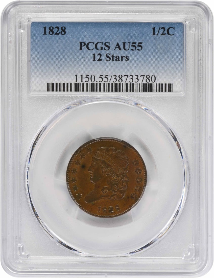 Classic Head 1828 Half Cent Copper Coin AU55 PCGS Certified: Classic Head 1828 Half Cent Copper Coin AU55 PCGS Certified This 1828 Classic Head Half Cent features the 12 Stars variety and is graded AU55 by PCGS. Struck in copper at the Philadelphia Mint, this p