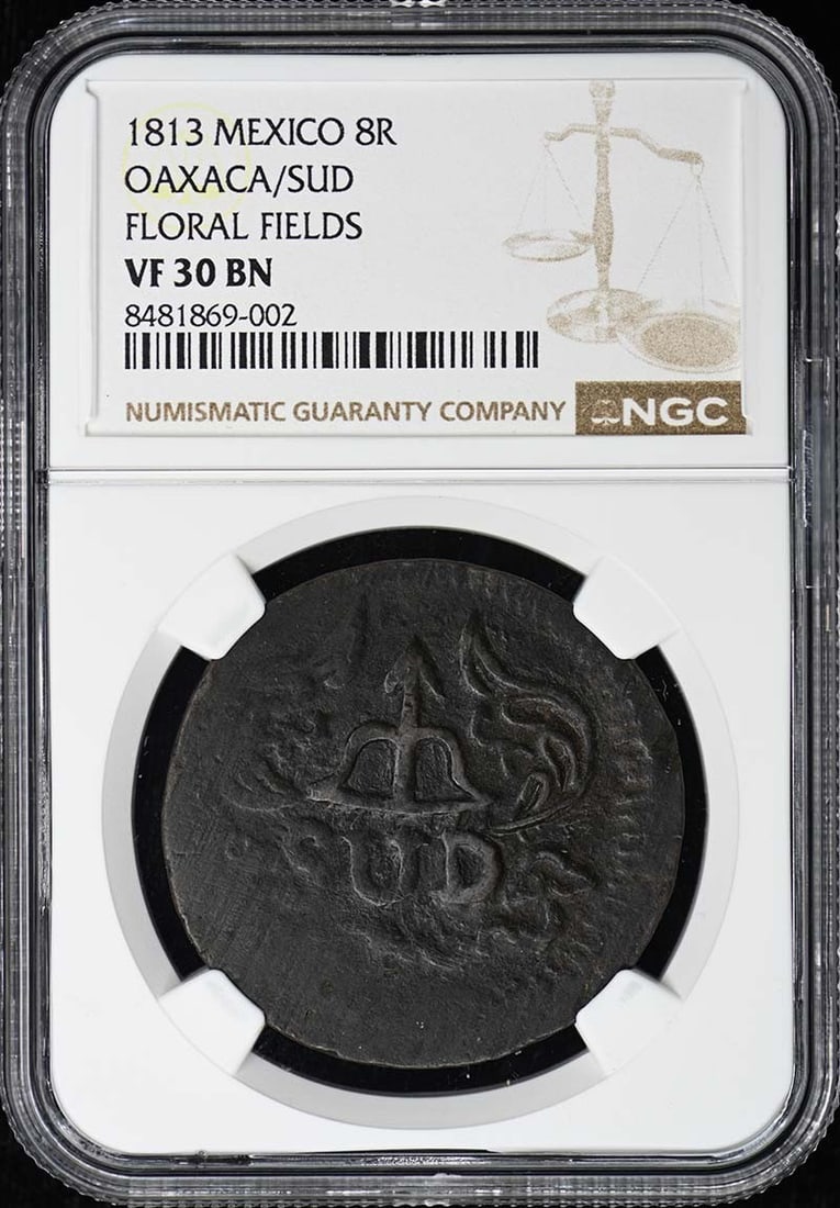 NGC VF30 1813 Oaxaca 8 Reales Mexico KM-234 Coin: NGC VF30 1813 Oaxaca 8 Reales Mexico KM-234 Coin This 1813 Oaxaca/Sud 8 Reales coin from Mexico is graded VF30 by NGC and is in circulated, pre-owned condition. It is a certified collectible piece fro
