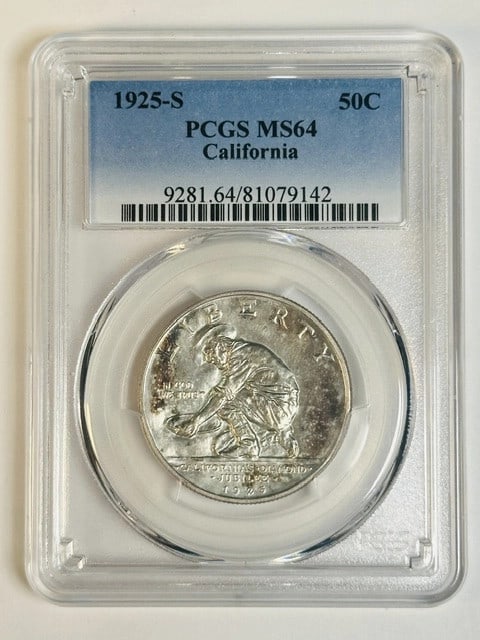 PCGS MS64 1925 San Francisco California Jubilee Silver Dollar: PCGS MS64 1925 San Francisco California Jubilee Silver Dollar This 1925 S Classic Commemorative California Diamond Jubilee silver dollar is graded MS-64 by PCGS. Minted in San Francisco, this uncircul