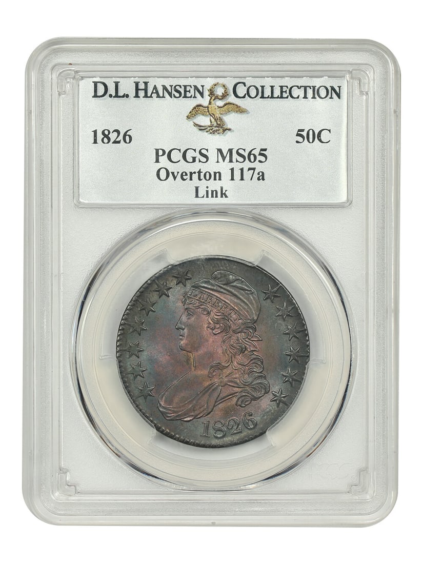1826 Capped Bust Half Dollar 50C PCGS MS65 D.L. Hansen Link: 1826 Capped Bust Half Dollar 50C PCGS MS65 D.L. Hansen Link An 1826 Capped Bust Half Dollar graded PCGS MS65. This uncirculated 50C coin is a carefully preserved gem with frosty luster and pleasant na