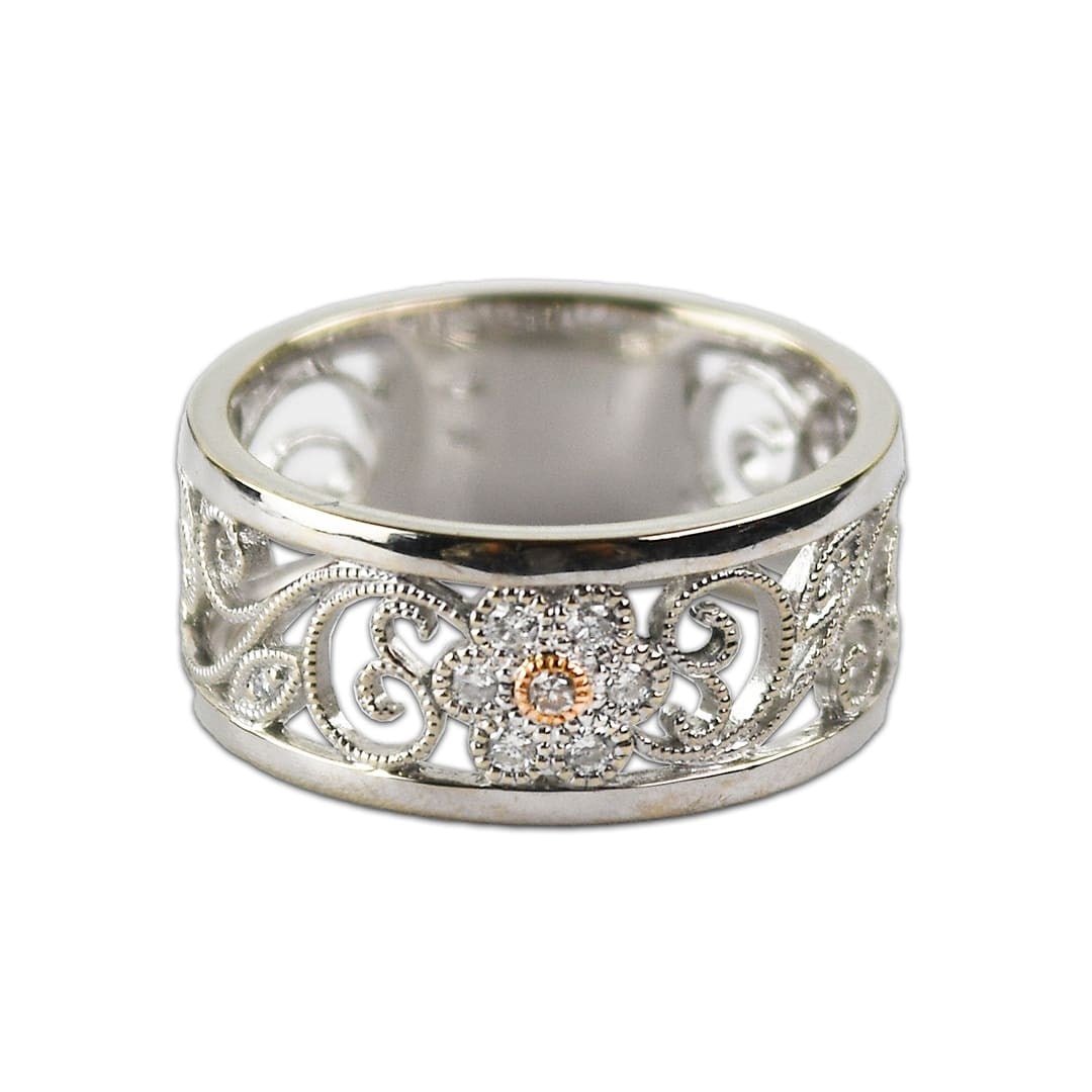 14K White Gold Floral Diamond Band Ring Size 6.5 (1 of 5)