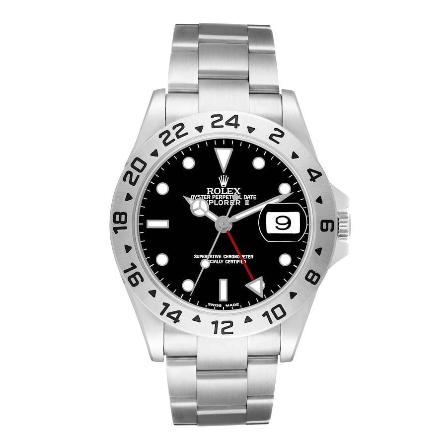 Rolex Explorer II Ref 16570 Oyster Bracelet Black Dial Watch with Papers: Rolex Explorer II Ref 16570 Oyster Bracelet Black Dial Watch with Papers This Rolex Explorer II features a black dial and is presented on an Oyster bracelet. The watch has a fixed bezel and belongs to
