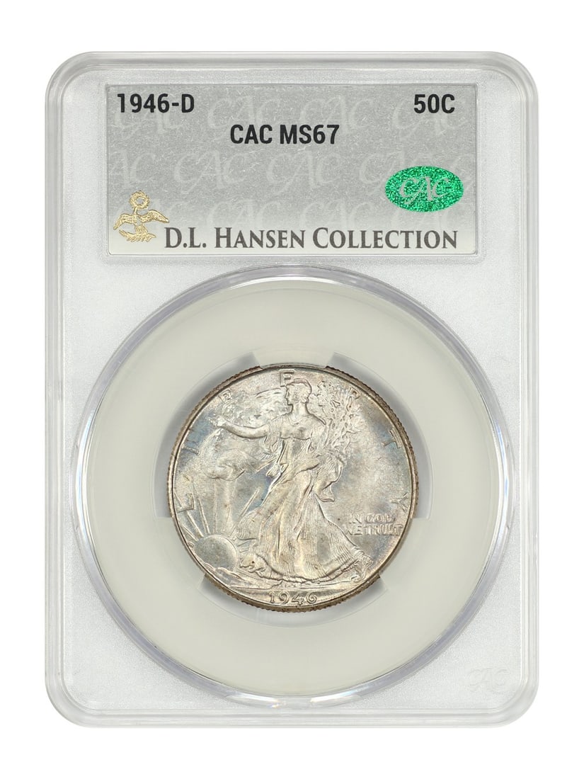 CACG MS67 1946-D Walking Liberty Half Dollar ex D.L. Hansen: CACG MS67 1946-D Walking Liberty Half Dollar ex D.L. Hansen 1946-D Walking Liberty Half Dollar certified by CACG and graded MS67. Struck in Denver, this uncirculated 50C coin is described as a lustrou