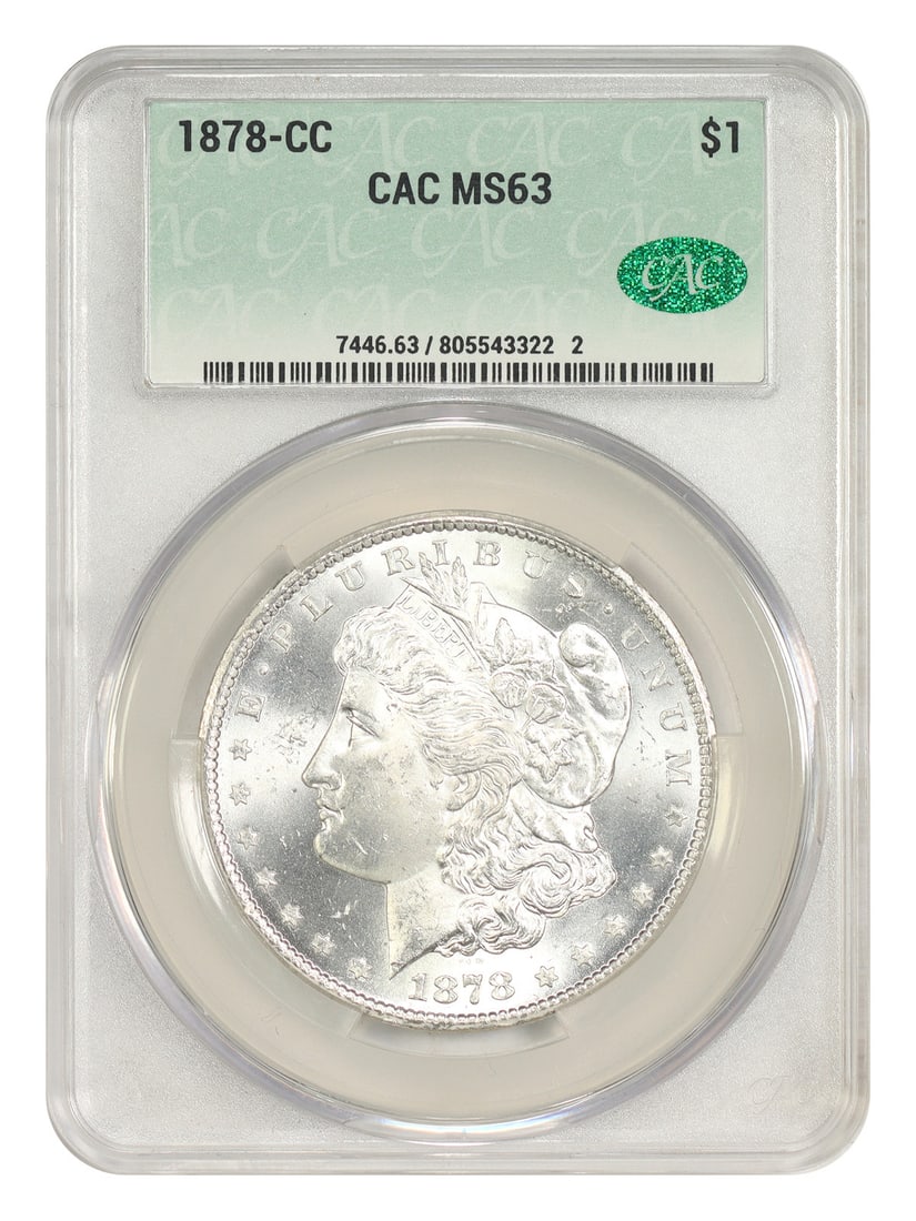 1878 Carson City Morgan Dollar $1 CACG MS63 First Year: 1878 Carson City Morgan Dollar $1 CACG MS63 First Year 1878-CC Morgan Dollar $1 certified by CACG with an MS63 grade. This uncirculated coin is a popular first-year Morgan from the Carson City Mint. C